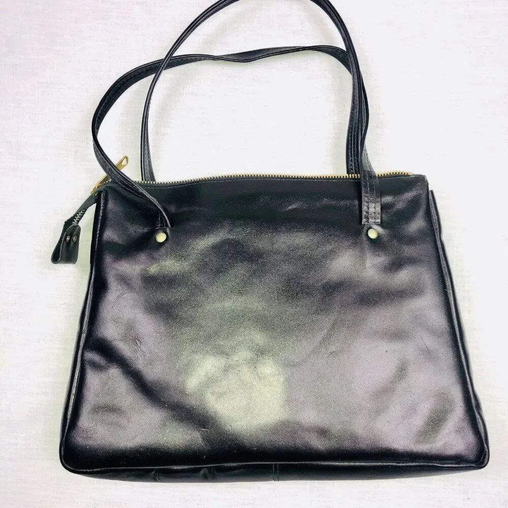 Vintage 60s Mod Womens Pocketbook Black Leather Purse Tote